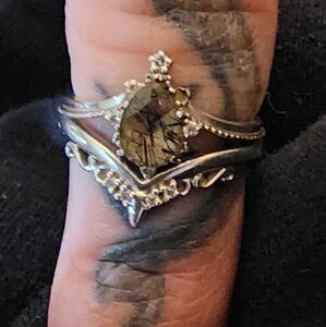 Black Rutilated quartz engagement ring set. Sterling silver 925. Size 6½ women's